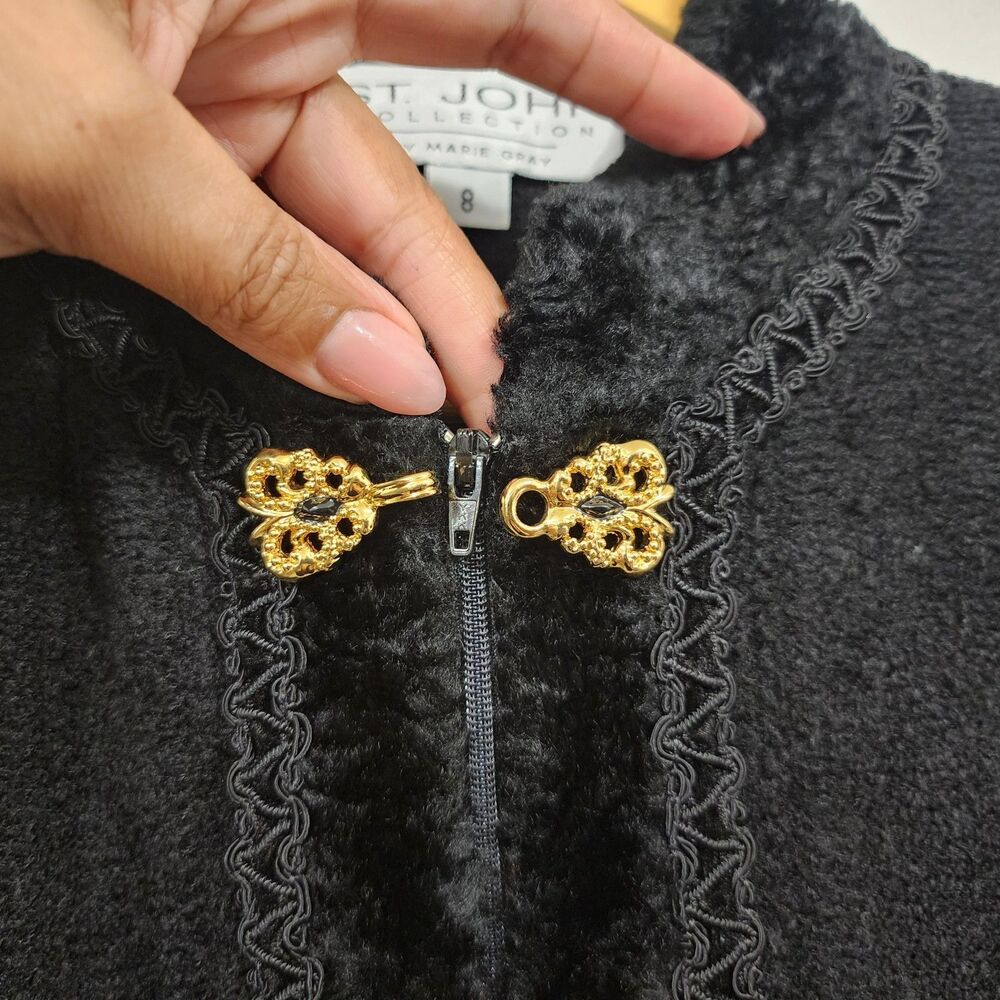 Vtg St John Marie Gray Chenille Boucle Cardigan Sweater Black Gold Zipper Knit 8 - Picture 9 of 11